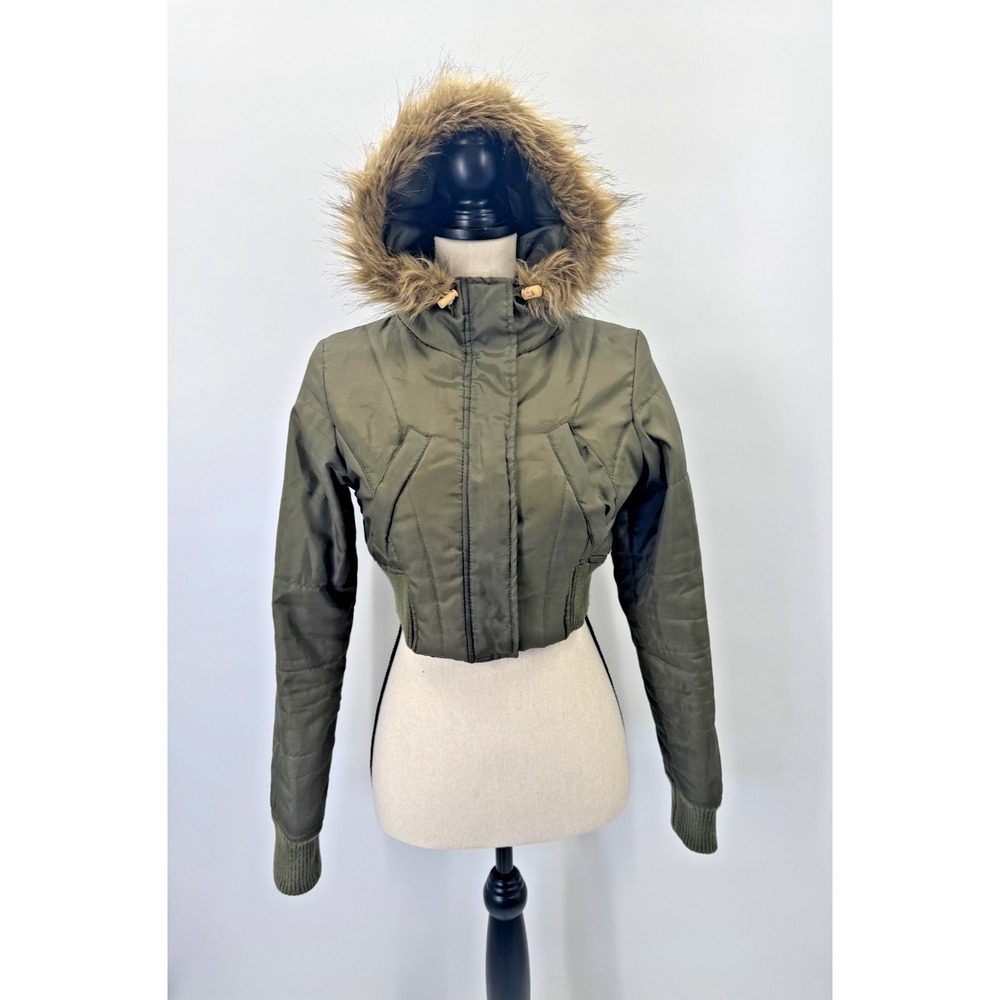 VTG Y2K Wet Seal Cropped Puffer Utility Bomber Jacket Coat Small Fur Trim Hooded